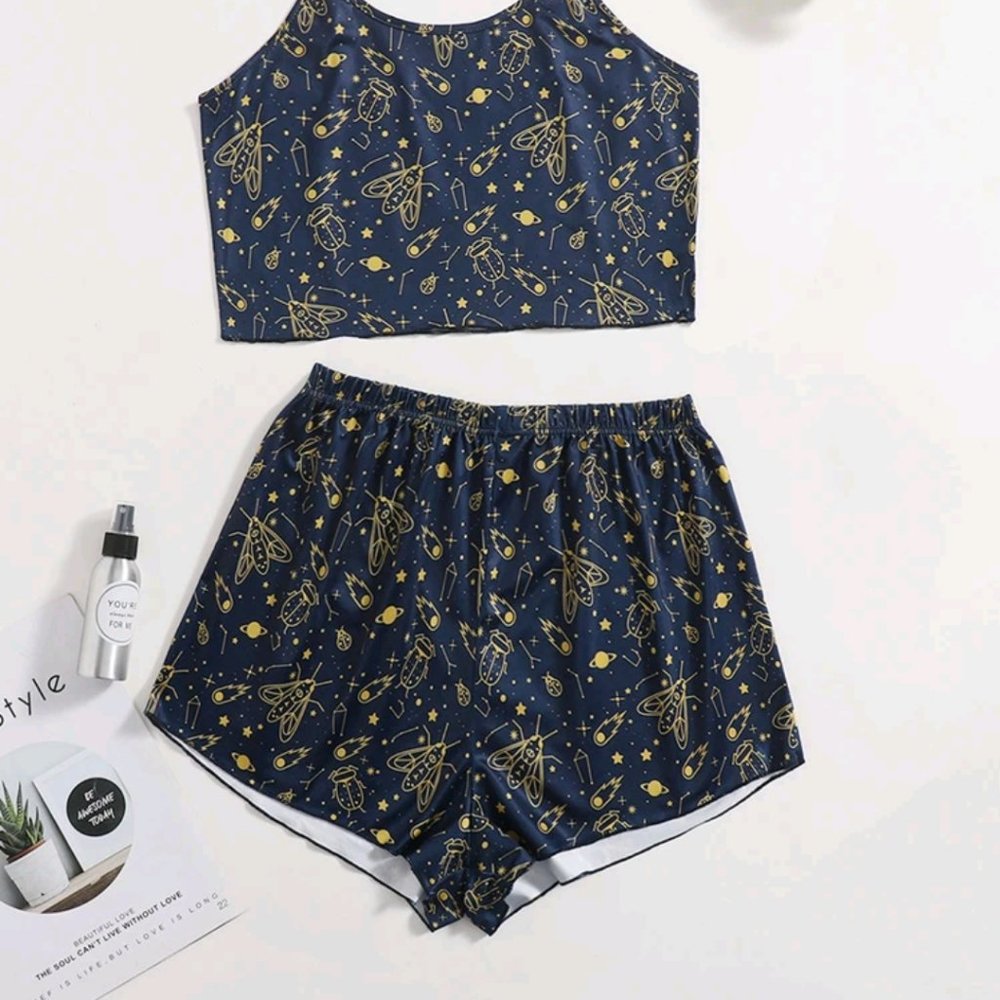 SHEIN Curve, Pajama set, shorts and tank, Blue and gold, Firefly night sky, 3X